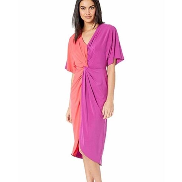 Trina Turk Women's Twist Front Vivid Viola Midi Dress Size L Pink Orange… - Picture 1 of 9